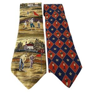 Mens Silk Golf Theme Ties (2) Tango by Max Raab & Tommy Hilfiger Great Condition